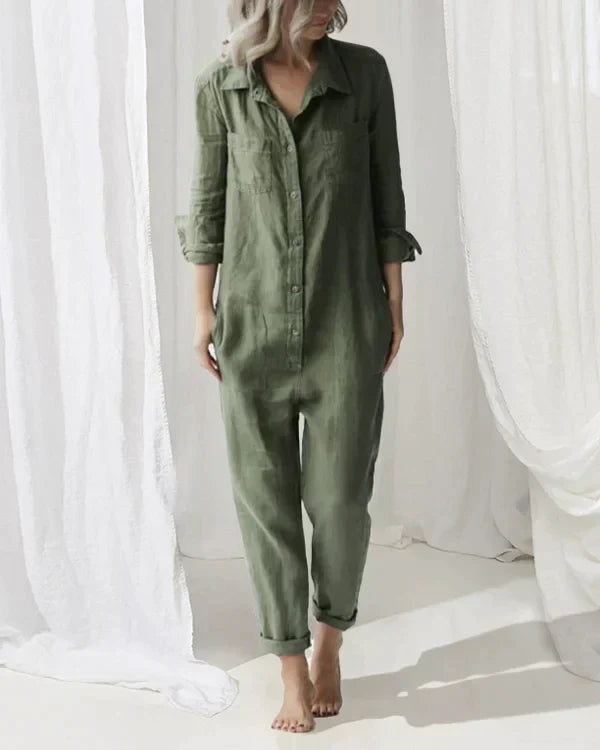 Grüner Leinen-Jumpsuit für Damen, langärmelig, lässig, bequem, modisch.