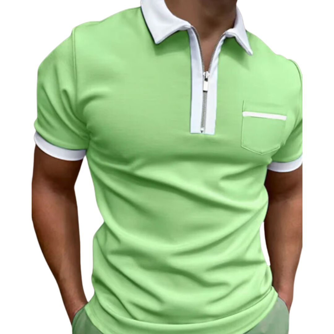 Grünes Herren-Poloshirt mit Reißverschluss, Kurzarm, Baumwolle, modisch, Freizeitkleidung.