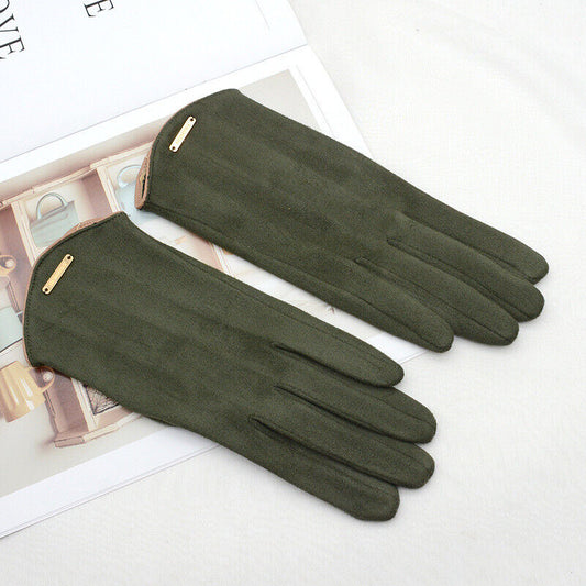 Grüne Damenhandschuhe aus Wildleder, elegant, modisch, warm, Accessoire für Herbst und Winter.