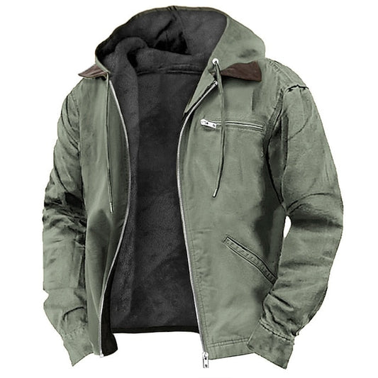 Stylische olivgrüne Outdoor-Jacke mit Kapuze, Reißverschluss, Taschen, Herrenmode.