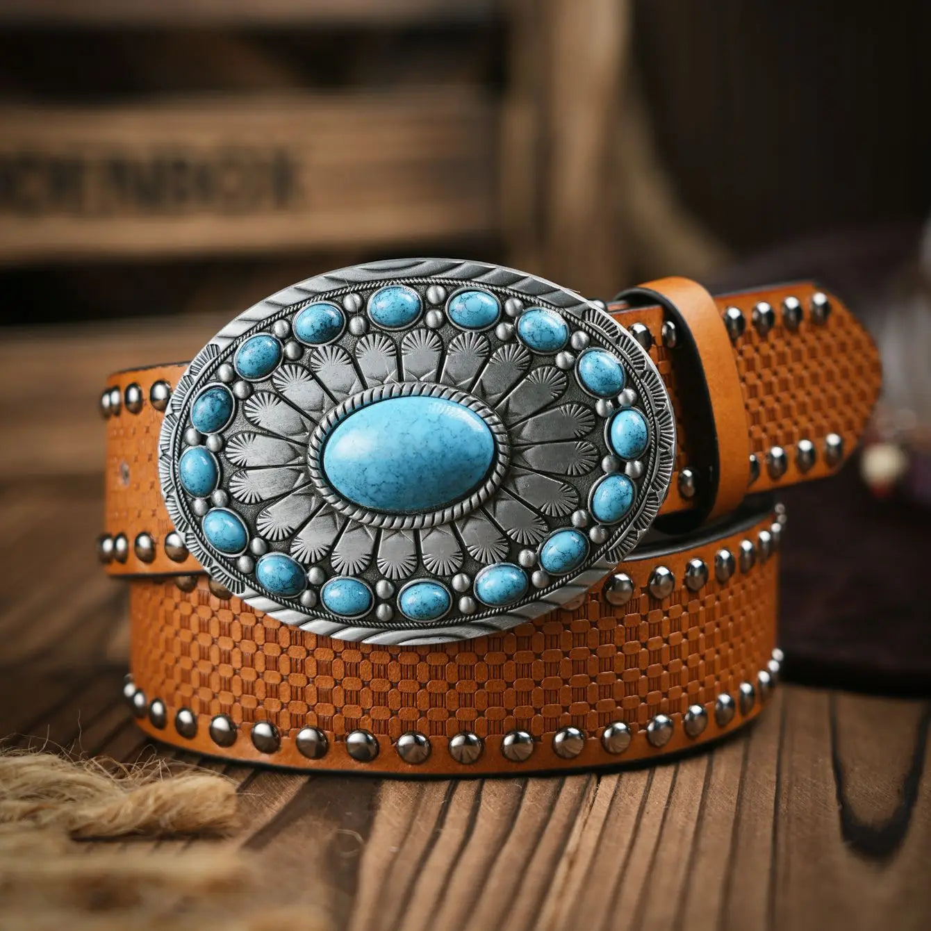 Brauner Ledergürtel mit großer, ovaler, türkisfarbener Schnalle, Westernstil, Unisex.