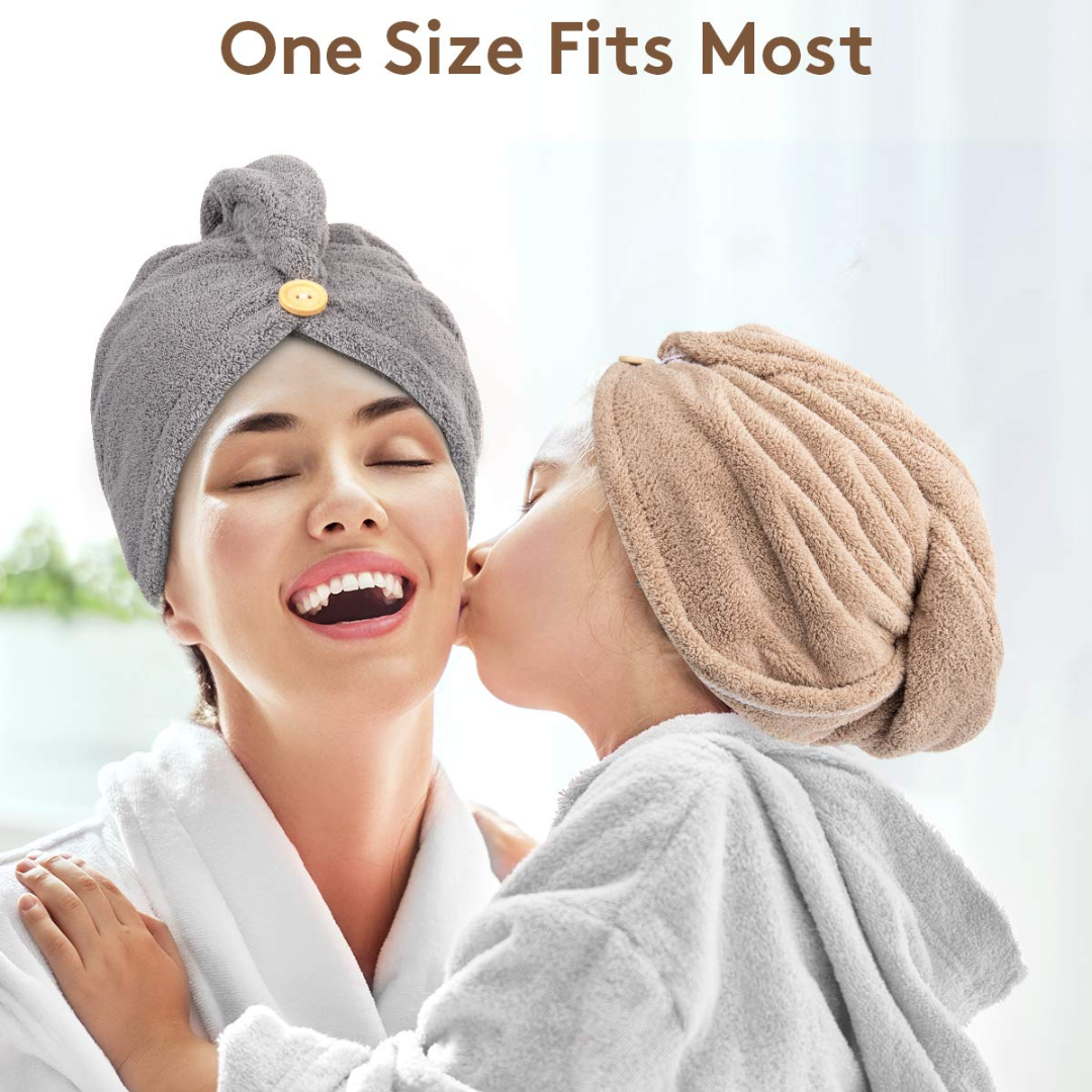 Mikrofaser Haarturban grau beige, schnelltrocknend, Knopfverschluss, für Damen und Kinder.
