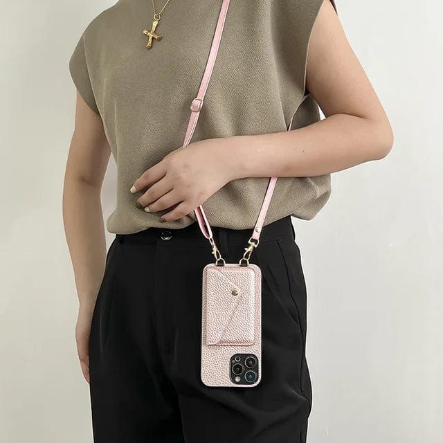 Damen mit rosa Crossbody-Handyhülle, iPhone, Samsung, modisch, praktisch, Umhängetasche.