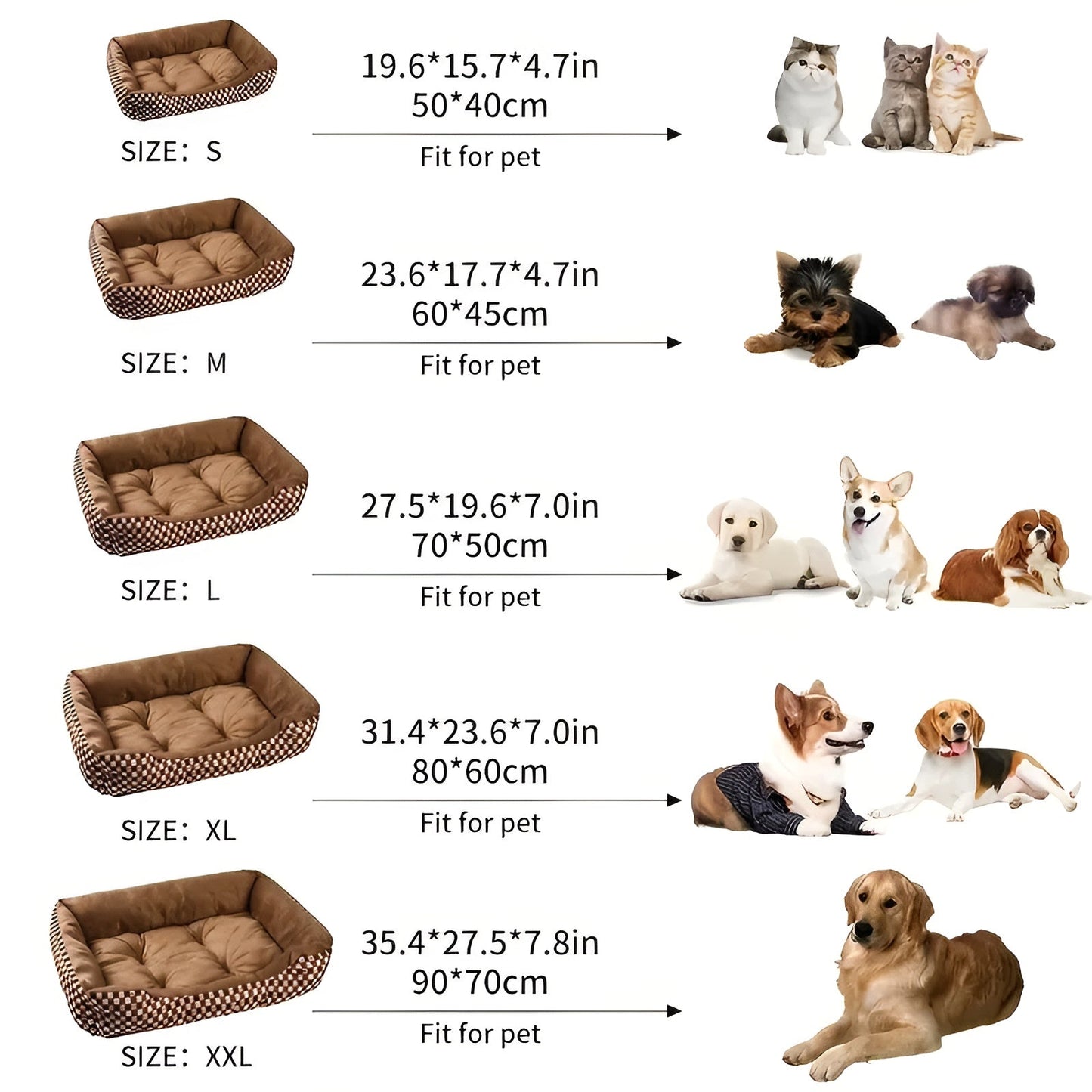 Größenübersicht für braunes, weiches Haustierbett aus Plüsch, geeignet für Katzen und Hunde.