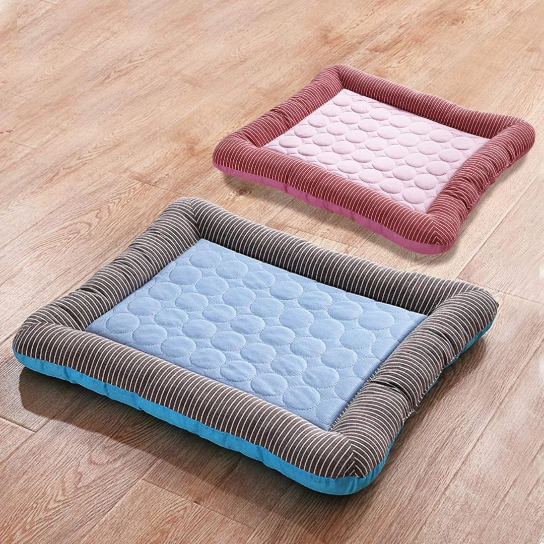 Zwei gestreifte Haustierbetten, blau und rosa, auf Holzboden, rechteckig, gepolstert.
