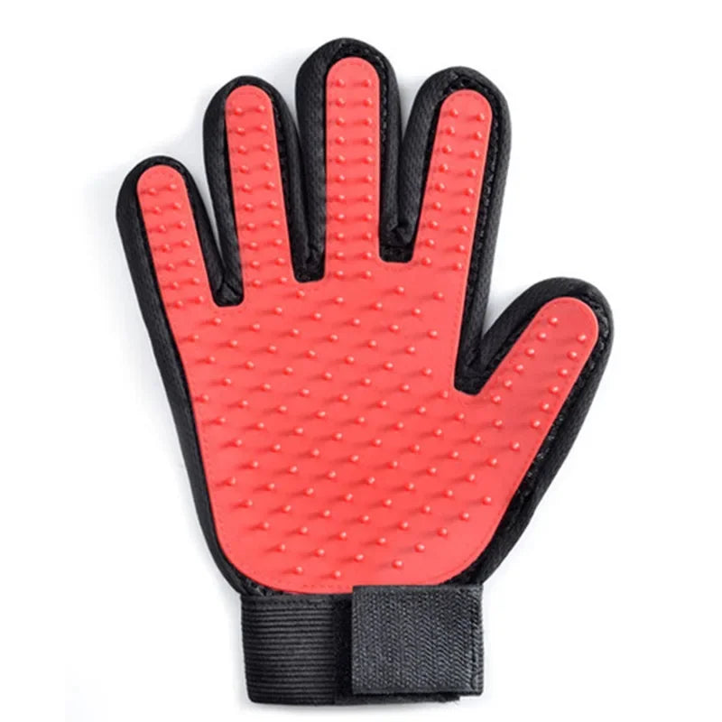 Rote Haustierpflege-Handschuh mit Noppen, schwarz umrandet, für Fellpflege und Massage.