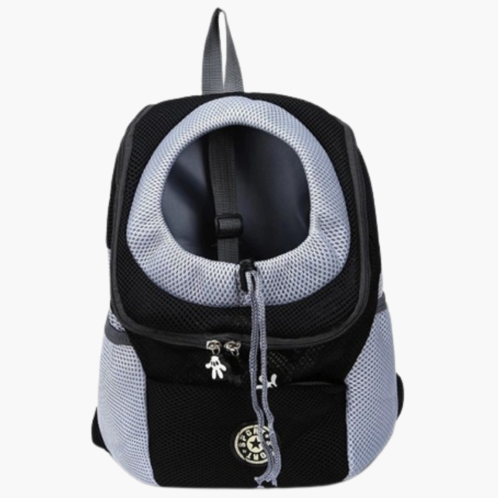 Schwarzer und grauer Haustier-Rucksack aus Mesh für Hunde und Katzen, atmungsaktiv, tragbar.