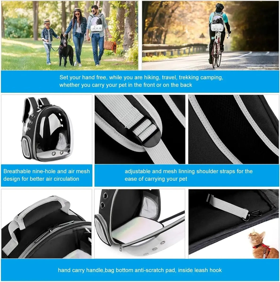 Haustier-Rucksack mit Sichtfenster, atmungsaktiv, schwarz, ideal für Reisen und Outdoor-Aktivitäten.