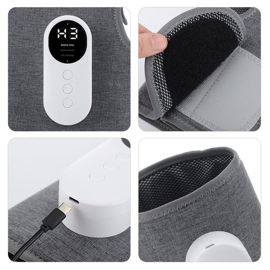 Graues Heizkissen mit digitalem Display, USB-Anschluss und Klettverschluss.