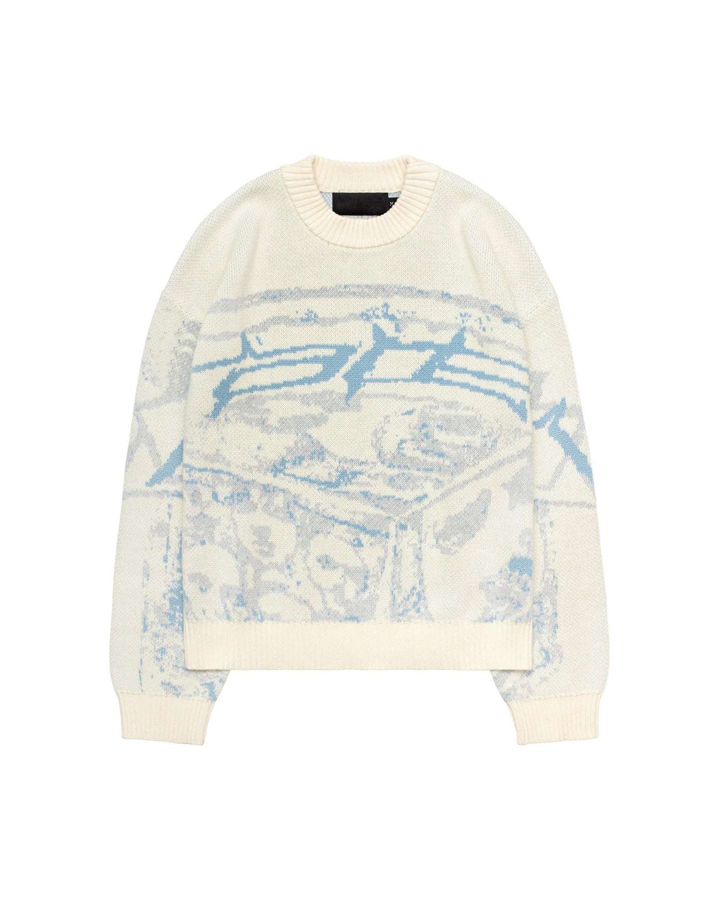 Cremefarbener Strickpullover mit blauem Muster, Rundhalsausschnitt, Baumwolle, Unisex-Mode.