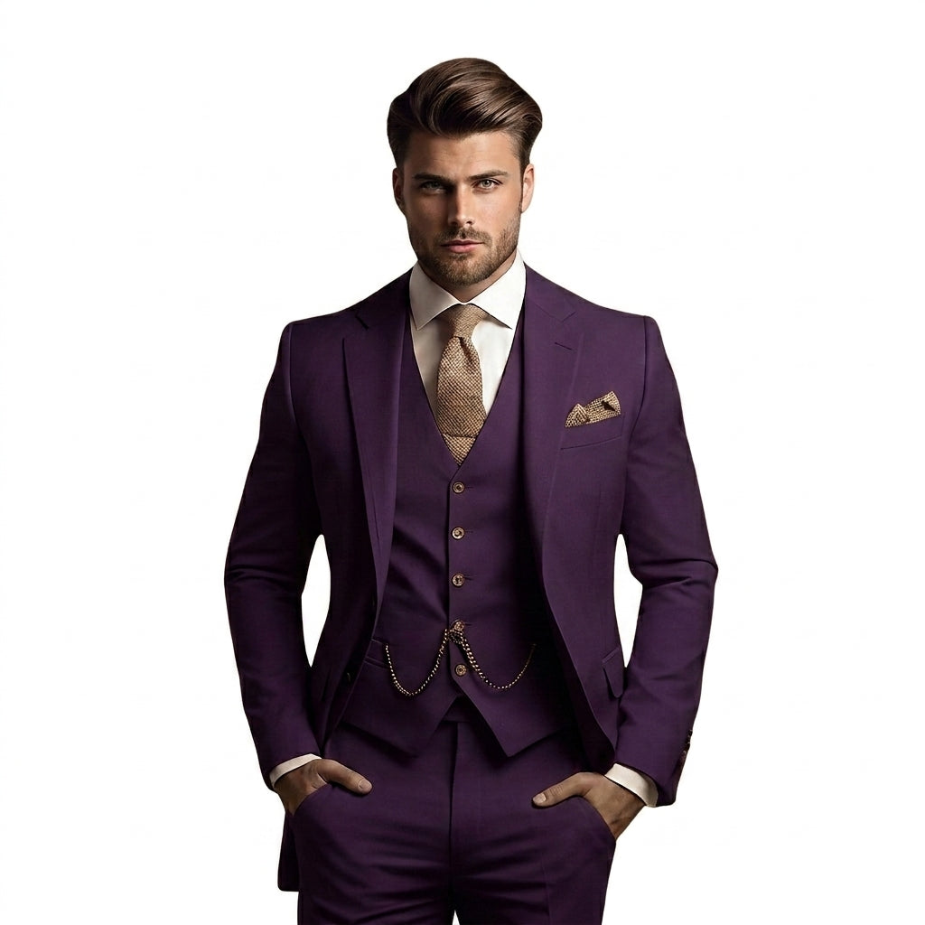 Man bär kostymen i mörklila med väst och klockkedja, vit skjorta, beige slips och bosscheck, händerna i fickorna. 6