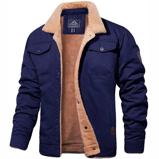 Dunkelblaue Herren-Bomberjacke mit Teddyfutter, warm, modisch, ideal für Winter.