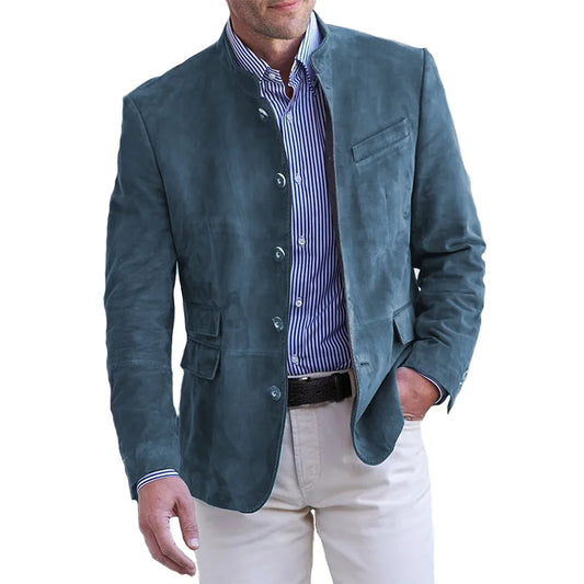 Männer Sakko, blau, Wildleder, Stehkragen, Knopfleiste, elegant, modisch, Freizeitkleidung.