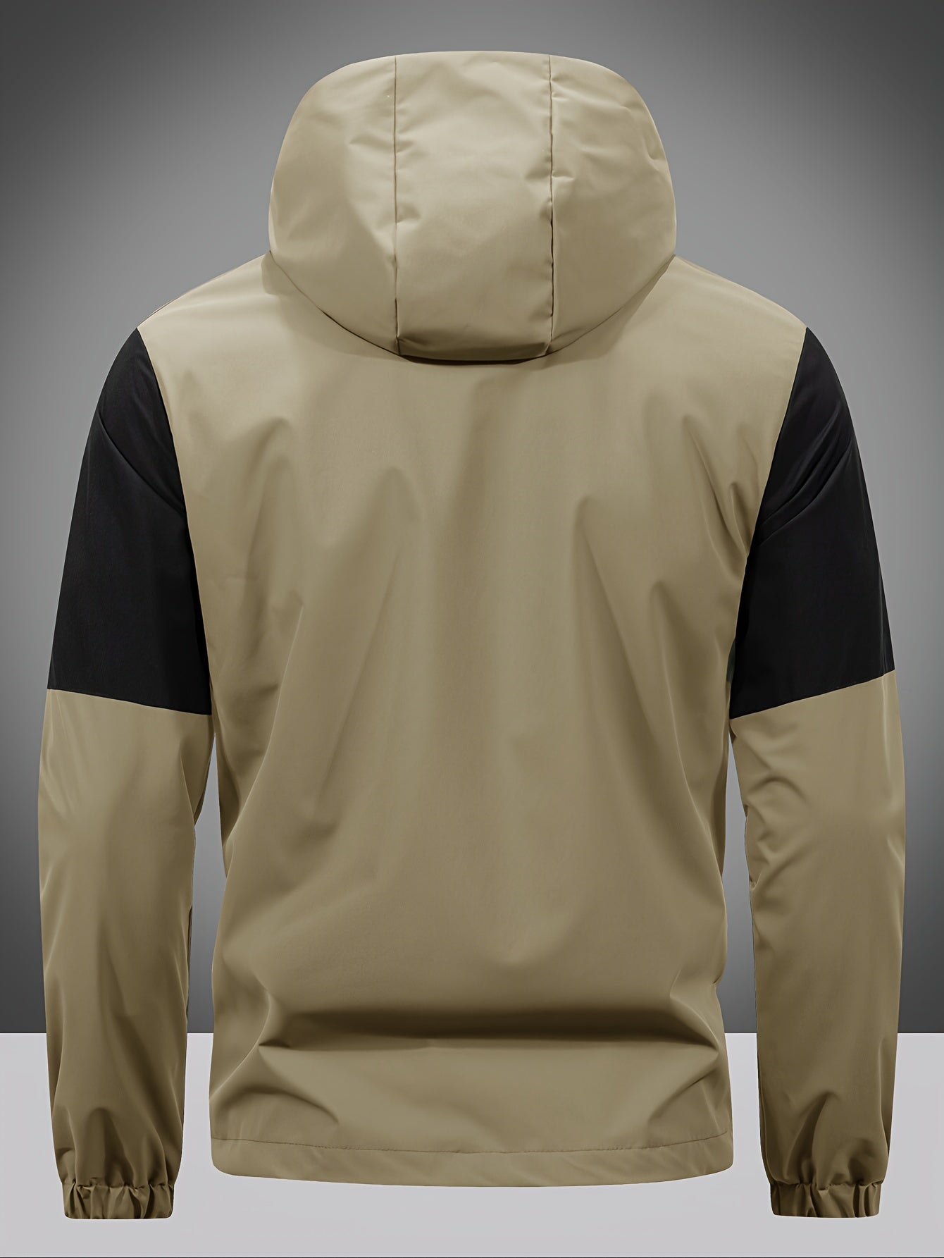 Beige und schwarze Herren-Windjacke mit Kapuze, wasserabweisend, Outdoor-Bekleidung.