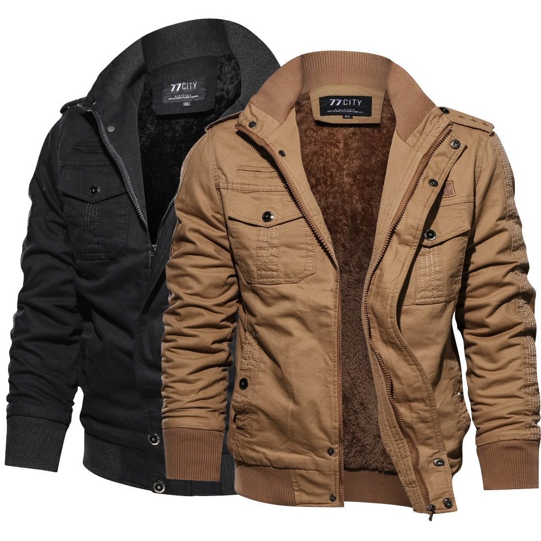 Zwei Herren-Winterjacken, schwarz und beige, mit Kapuze, warm gefüttert, modisch und funktional.