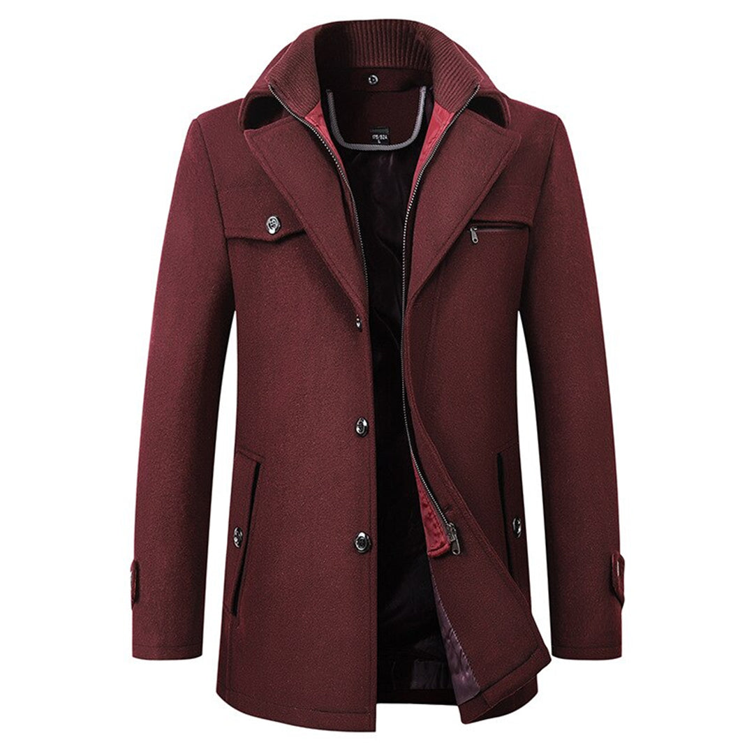 Bordeaux Herren Wintermantel, elegant, warm, Knopfleiste, Reißverschluss, modisch, hochwertig.