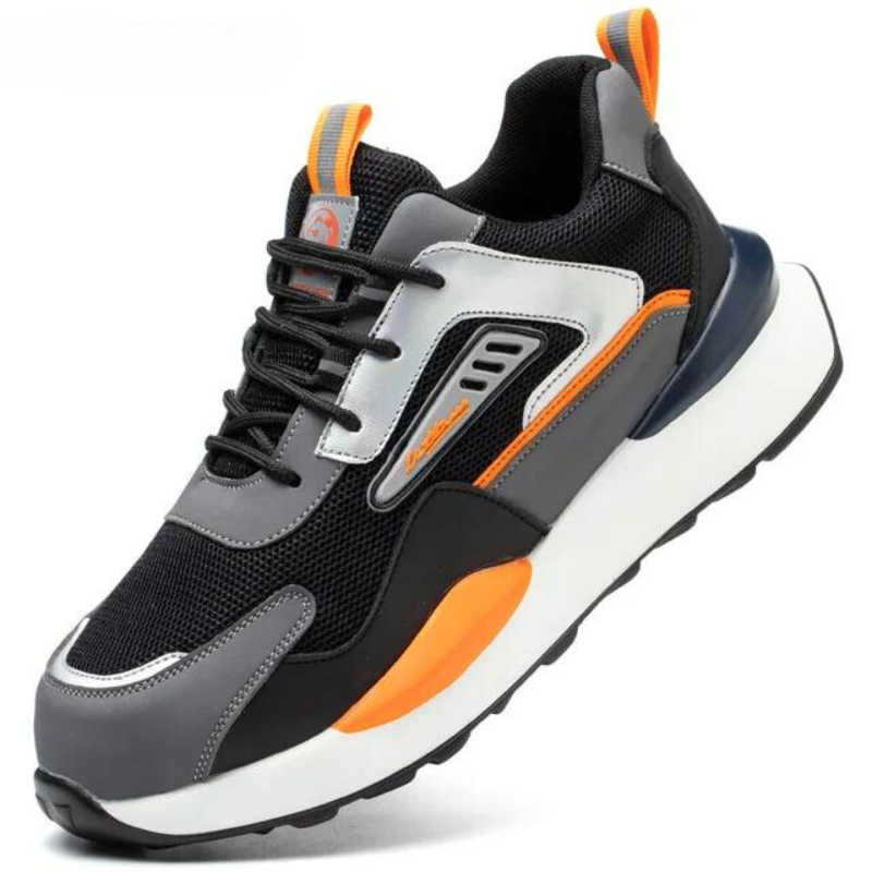 Grauer und schwarzer Sneaker mit orangefarbenen Akzenten, atmungsaktives Mesh, sportlich.