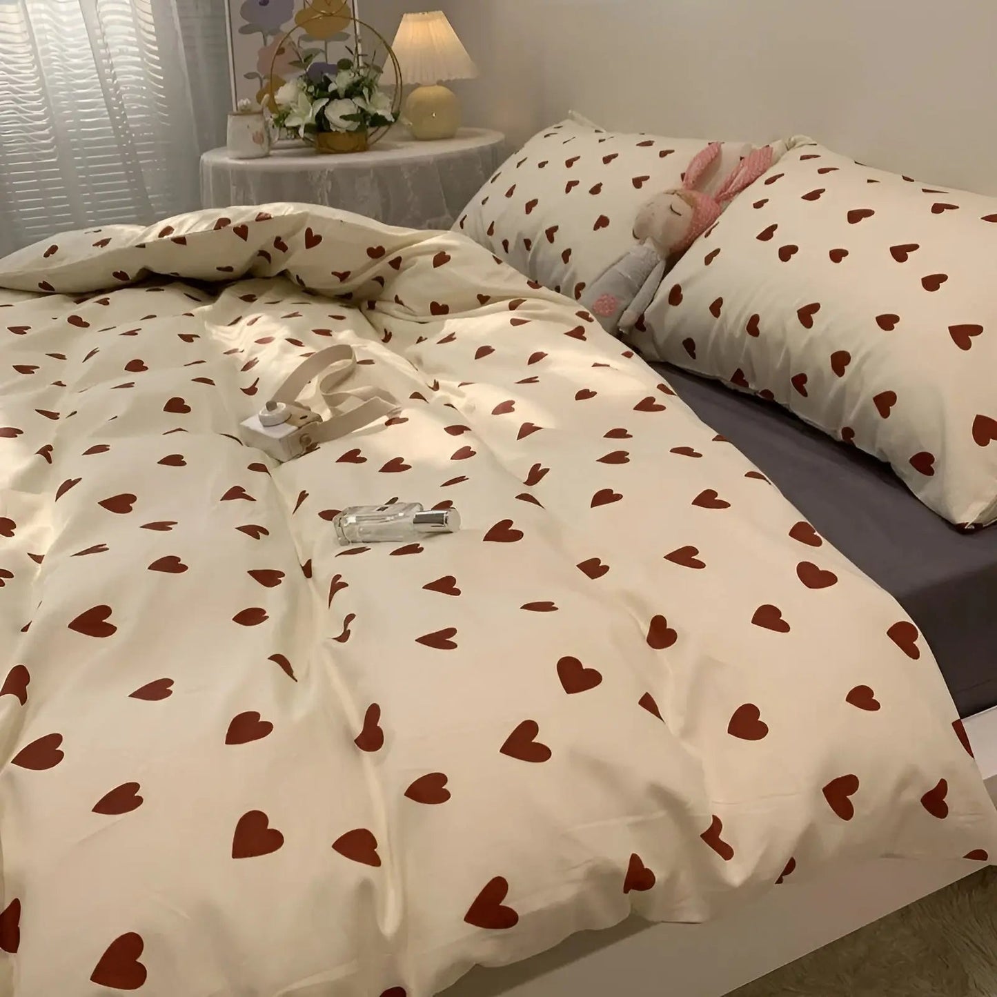 Herzmotiv Bettwäsche-Set, cremefarben, Baumwolle, Doppelbett, romantisches Schlafzimmer-Dekor.