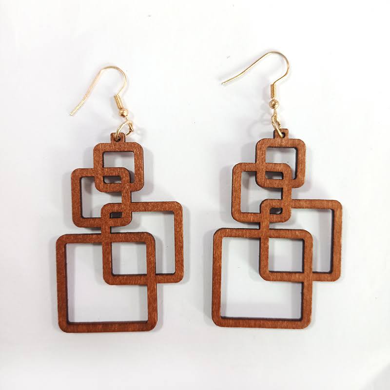 Holzohrringe geometrisch, quadratisch, braun, handgefertigt, Modeschmuck, Damenaccessoire
