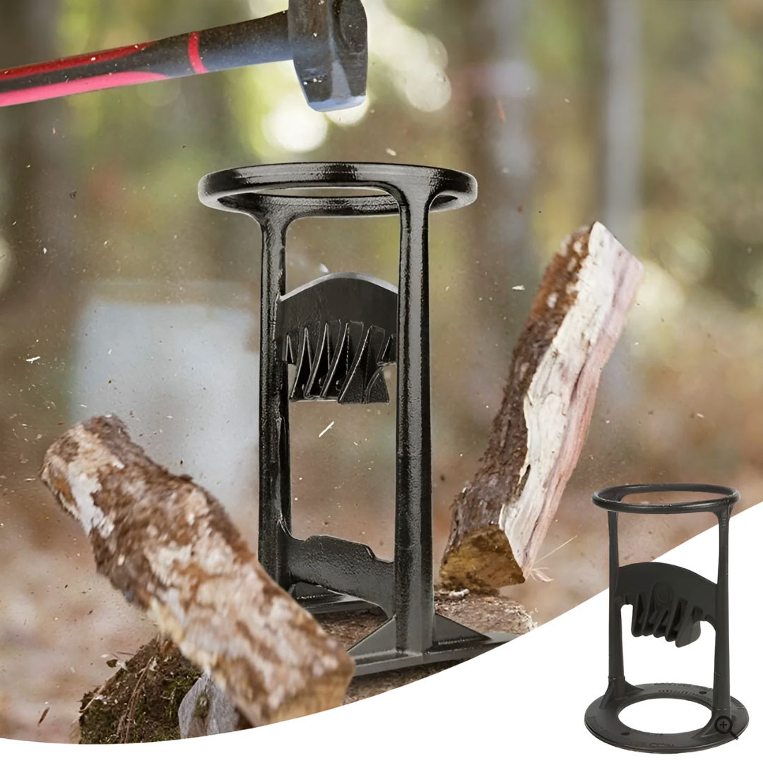 Metallener Holzspalter, schwarz, für effizientes Holzspalten, robustes Design, Outdoor-Werkzeug.