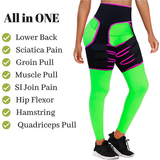 Frau mit grünem Hüftgurt, Kompressionsbandage, Schmerzlinderung, Sciatica, Sportbekleidung.