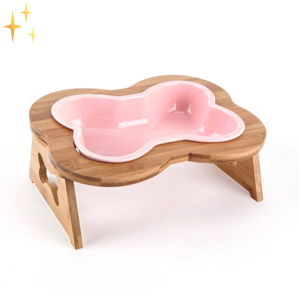 Rosa Hundenapf aus Keramik auf Holzständer, Knochenform, erhöht, rutschfest, Fressnapf.