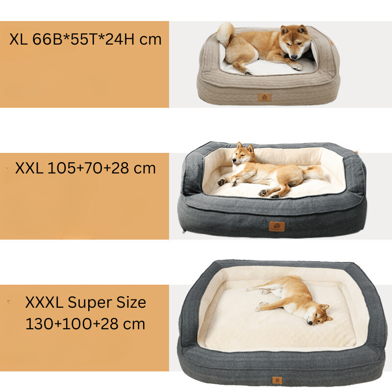 Hundebett in verschiedenen Größen, beige und grau, mit Hund, bequemes Haustierbett.