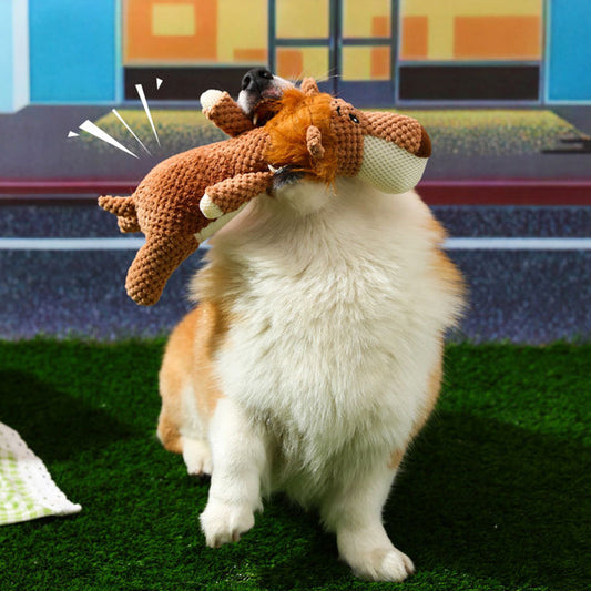 Hund spielt mit braunem Plüschspielzeug auf grünem Rasen, niedliches Haustierfoto.