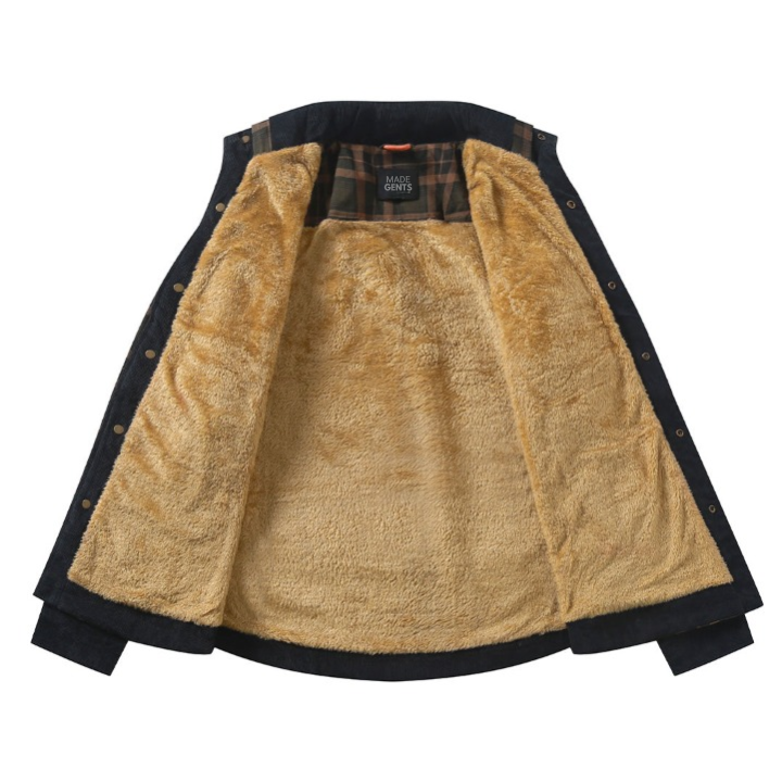 Dunkelblaue Herrenjacke mit beigem Futter, Wintermode, warme Oberbekleidung, Knopfleiste.