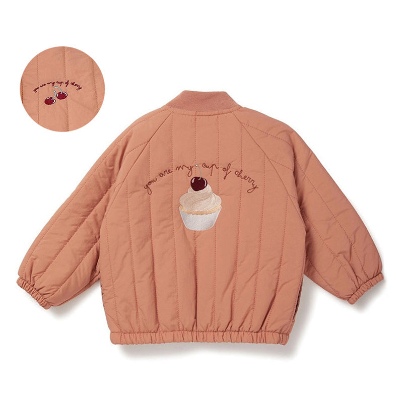 Rosa Kinderjacke mit Cupcake-Stickerei, Baumwolle, langärmelig, modisch, warm.