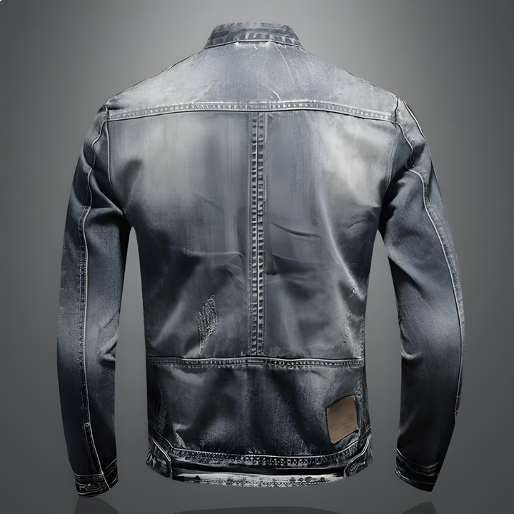 Graue Jeansjacke Herren, Vintage-Look, Denim, modisch, Rückansicht, robuste Nähte