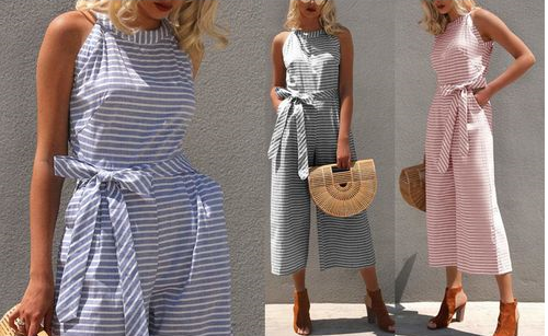 Randig sommar-jumpsuit för damer med vida ben och V-ringning – Alina