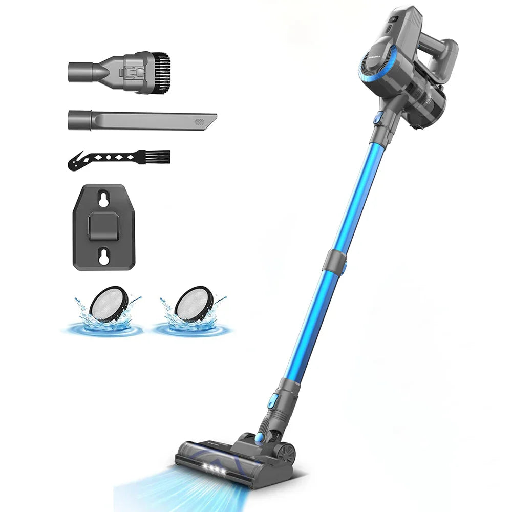 Kabelloser Staubsauger mit Zubehör, blau, leicht, für Teppiche und Hartböden, effizient reinigen.