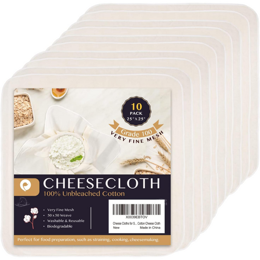 10er-Pack Käsetuch, 100% ungebleichte Baumwolle, 25"x25", feinmaschig, waschbar, biologisch abbaubar.