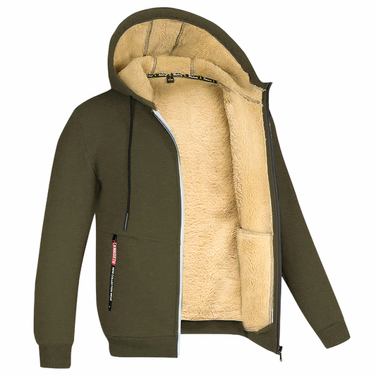Olivgrüne Herren-Fleecejacke mit Kapuze, Reißverschluss und warmem Innenfutter.
