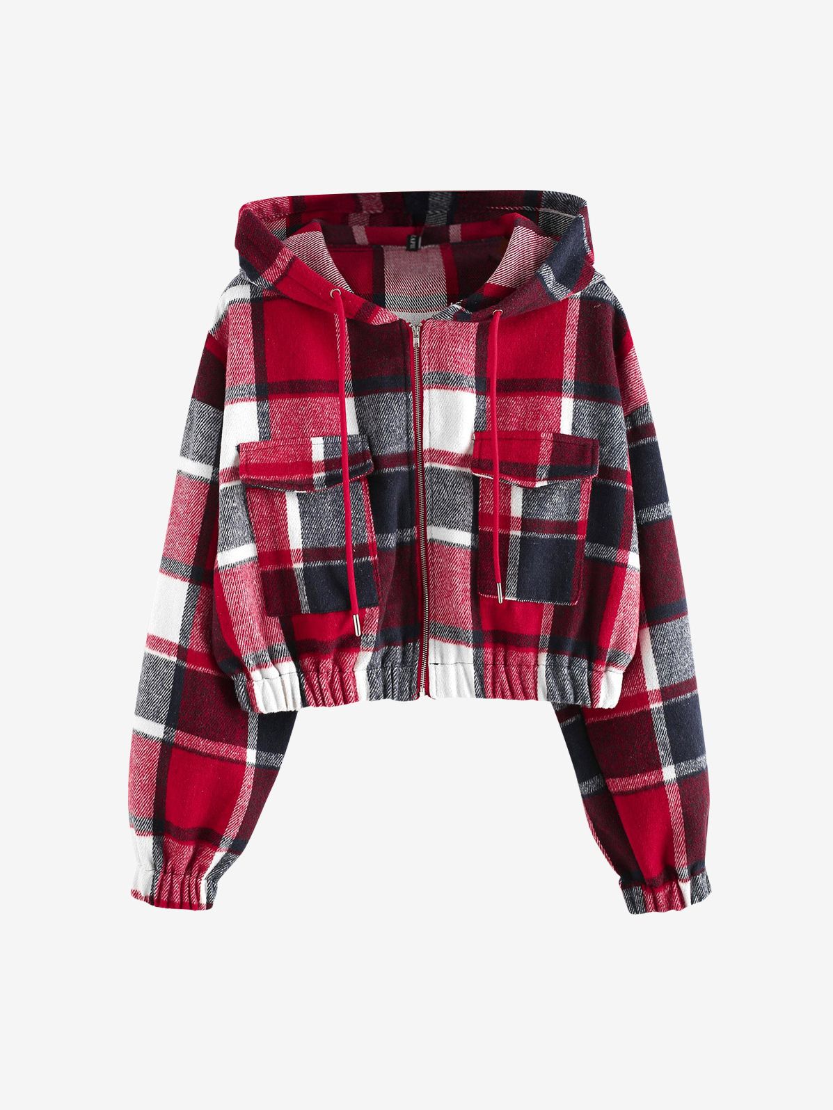 Rot-schwarz karierte Kapuzenjacke, Damen, Baumwolle, Reißverschluss, modisch, Herbstkleidung.