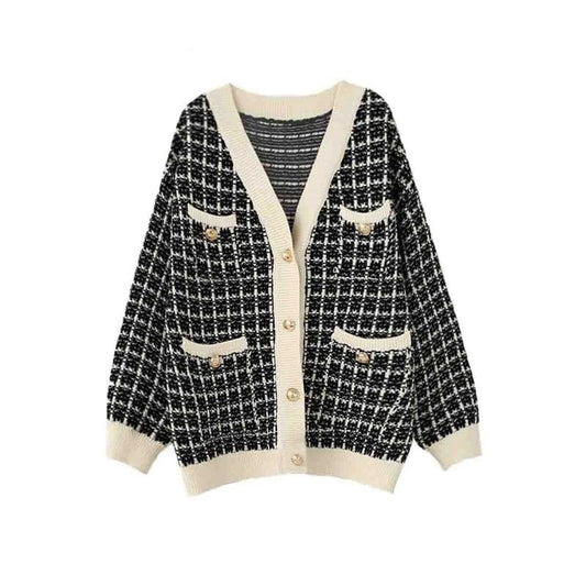 Schwarz-weißer karierter Cardigan mit V-Ausschnitt und Knöpfen, Damenmode, Strickjacke.