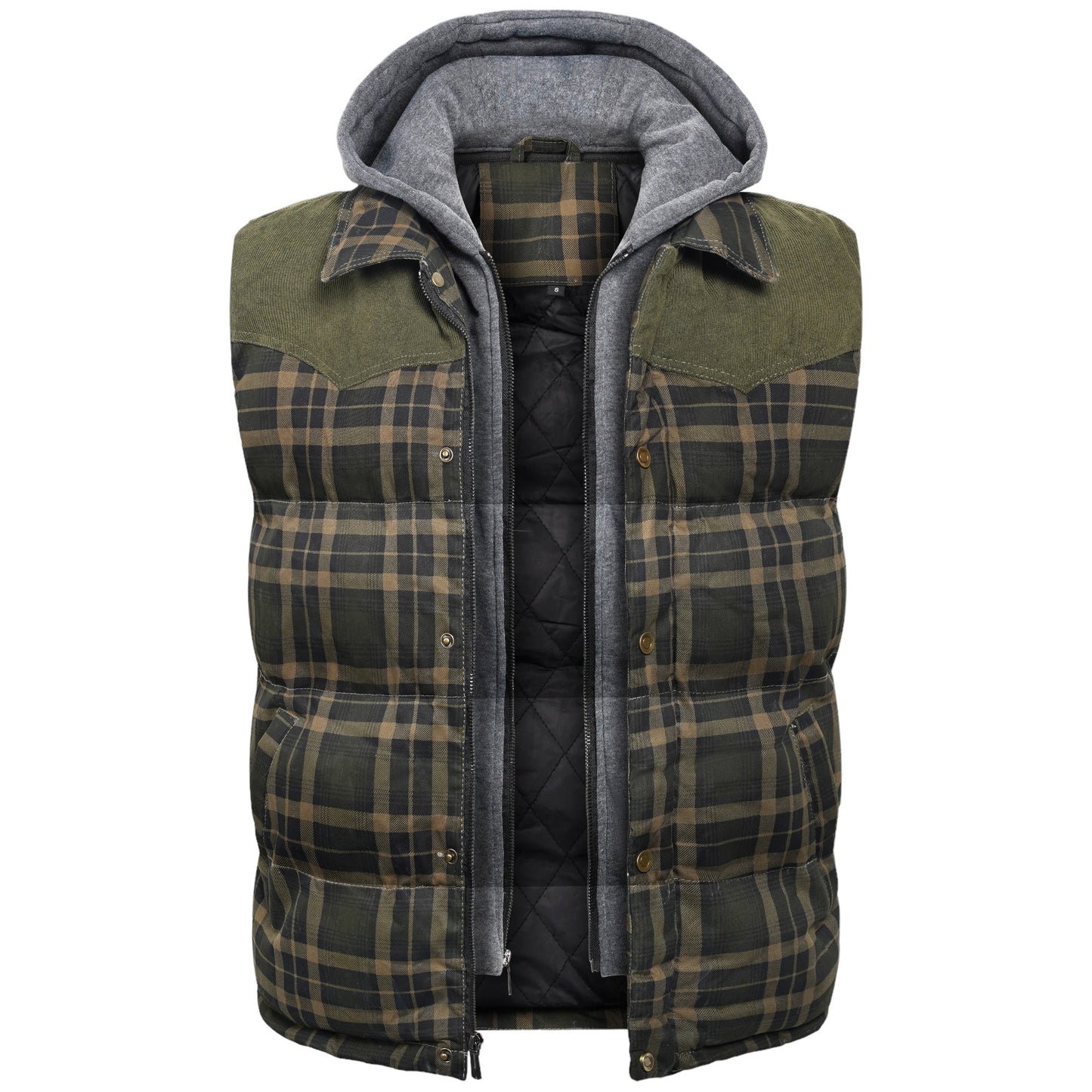 Grün-karierte Herrenweste mit Kapuze, gesteppt, warm, Outdoor-Bekleidung, modisch.