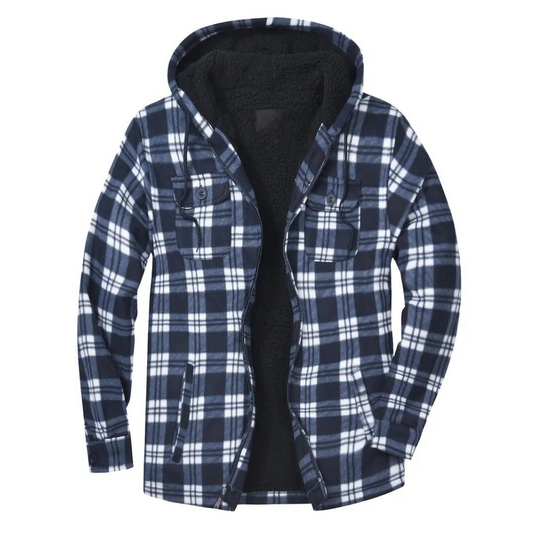 Blau-weiß karierte Herrenjacke mit Kapuze, Fleece-Innenfutter, warm, modisch, Winterbekleidung.