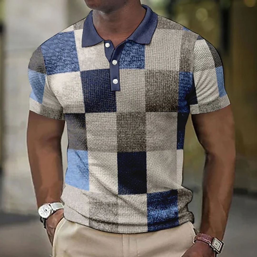 Herren-Polohemd kariert, blau-grau, kurzarm, Freizeitmode, Baumwolle, stilvoll.