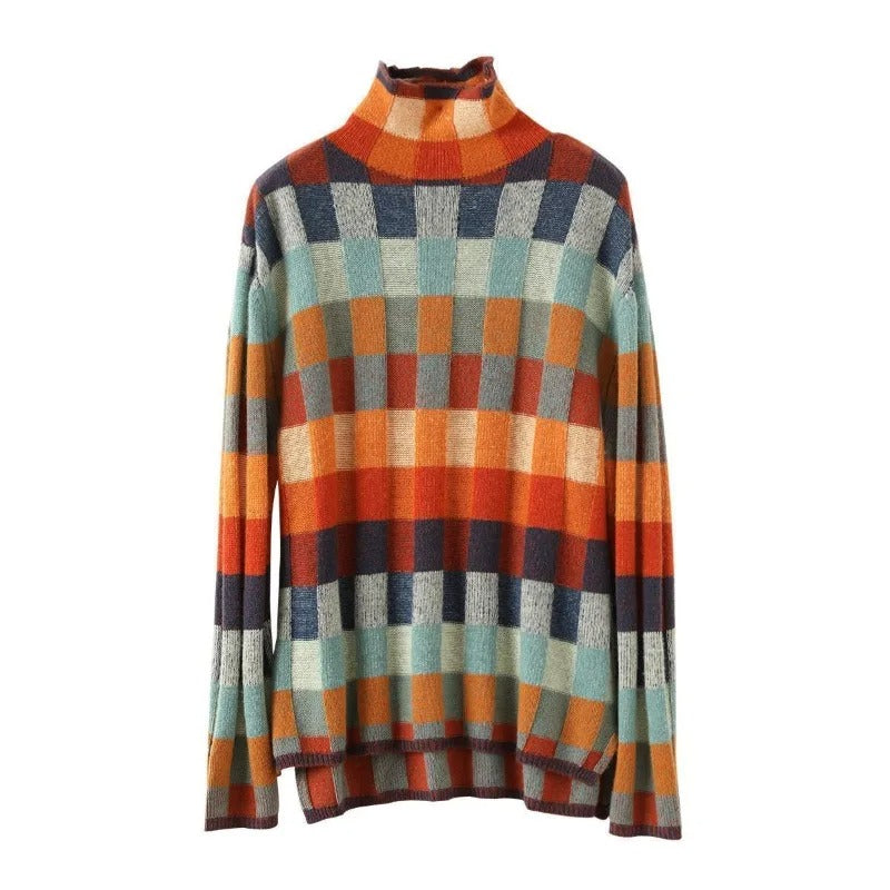 Bunter karierten Rollkragenpullover aus Wolle für Damen, Herbstmode, gemütlich und stilvoll.
