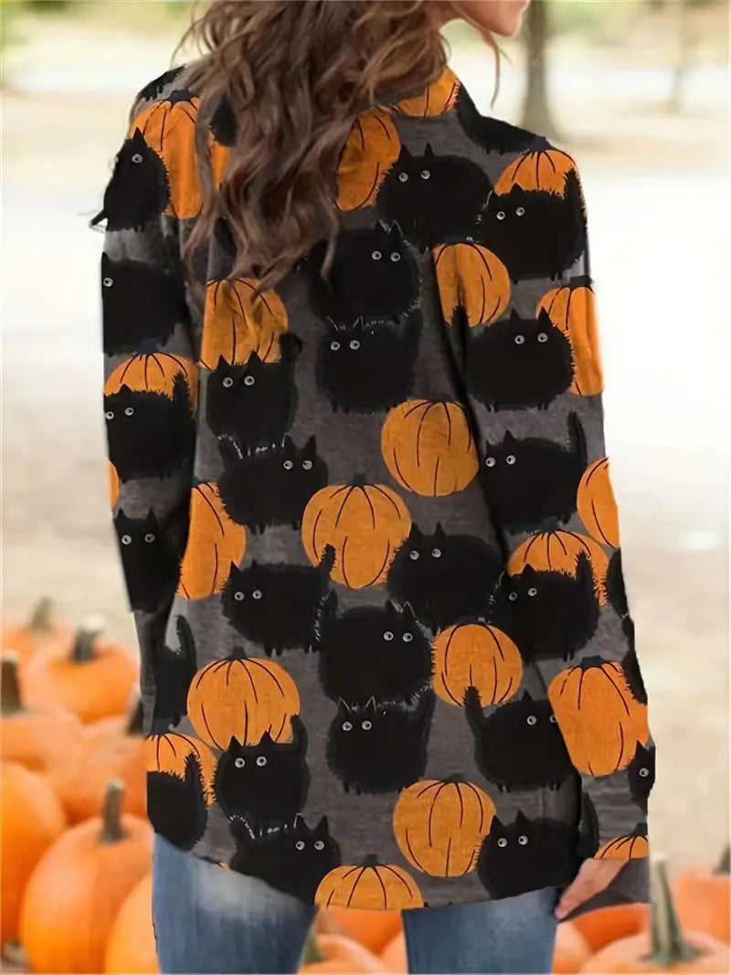 Damenhemd mit Kürbis- und Katzenmuster, Halloween-Design, schwarz-orange, langärmelig.