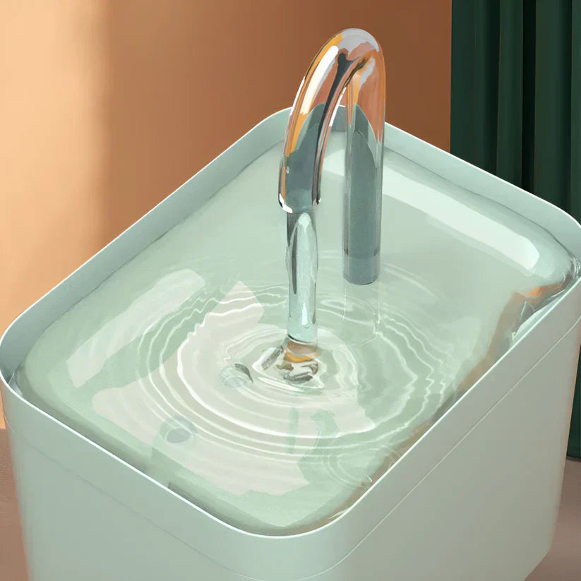 Moderner Wasserbrunnen für Katzen, weiß, mit transparentem Deckel, ideal für Haustierhydration.
