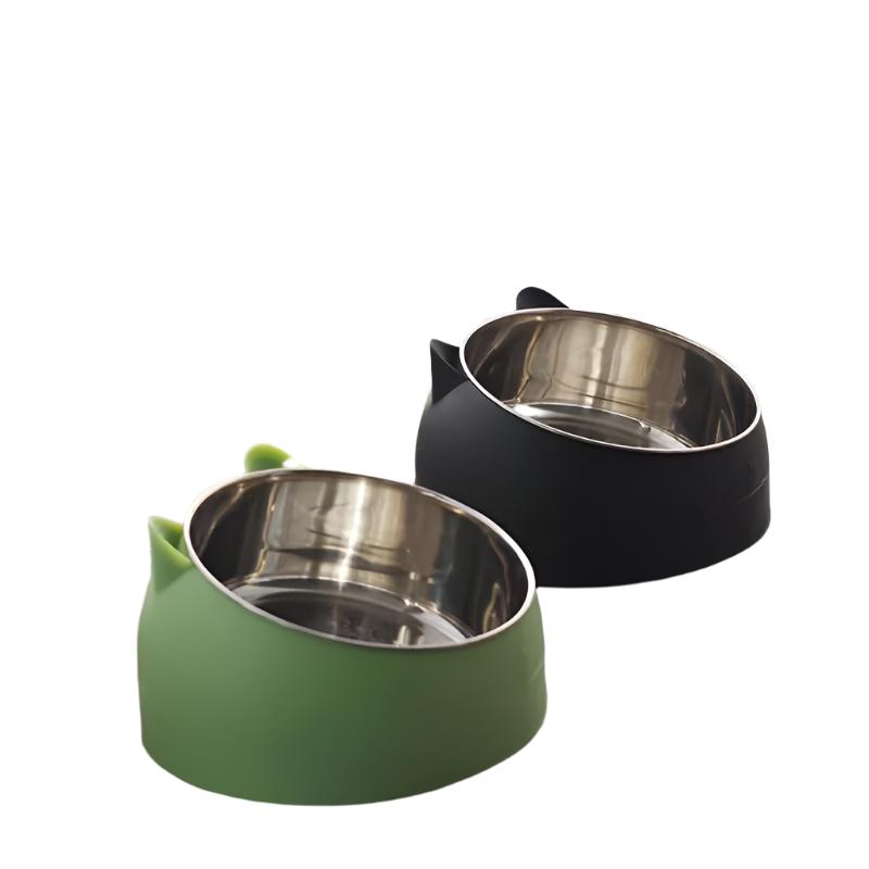 Zwei Katzennäpfe aus Edelstahl, grün und schwarz, mit Ohren-Design, rutschfest, für Haustiere.