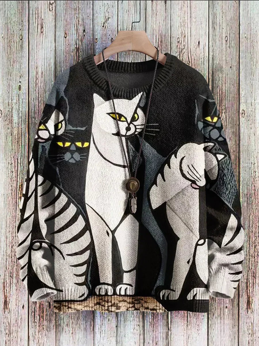 Schwarzer Pullover mit Katzenmotiv, Strick, Unisex, modisch, warm, Herbstmode, Holzoptik-Hintergrund.