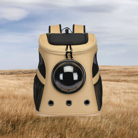 Beiger Katzenrucksack mit Sichtfenster, atmungsaktiv, ideal für Reisen und Outdoor-Aktivitäten.
