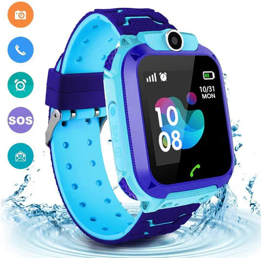 Blaue Kinder-GPS-Uhr mit Telefonfunktion, wasserdicht, Echtzeit-Tracking, SOS-Taste.