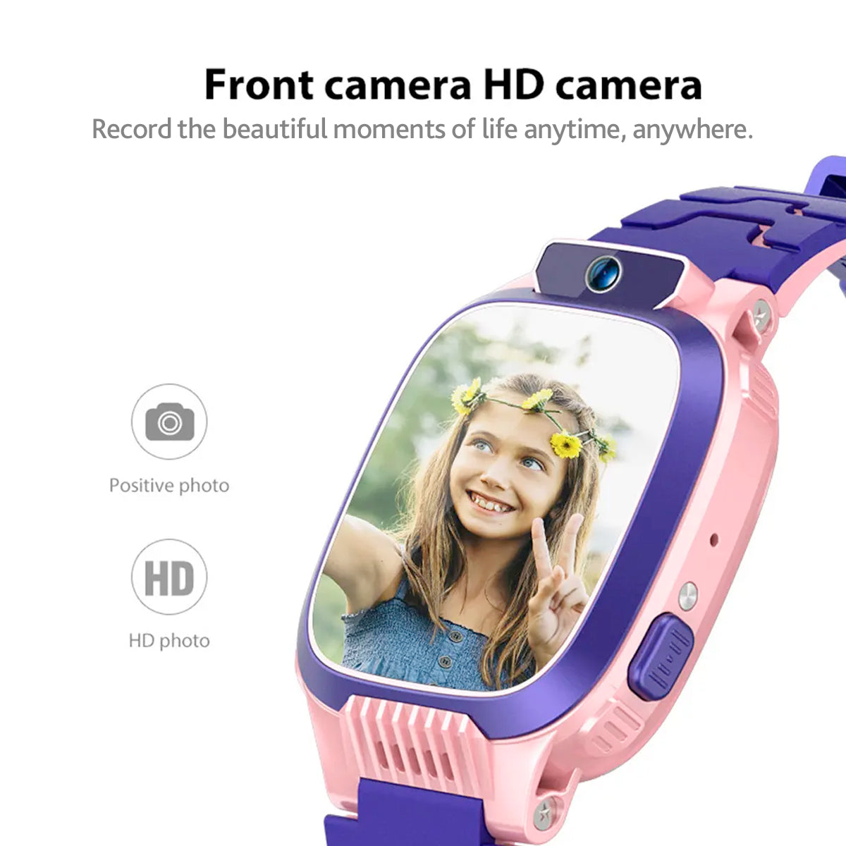 Smartwatch für Kinder, rosa-lila, mit Frontkamera, HD-Display, Selfie-Funktion.