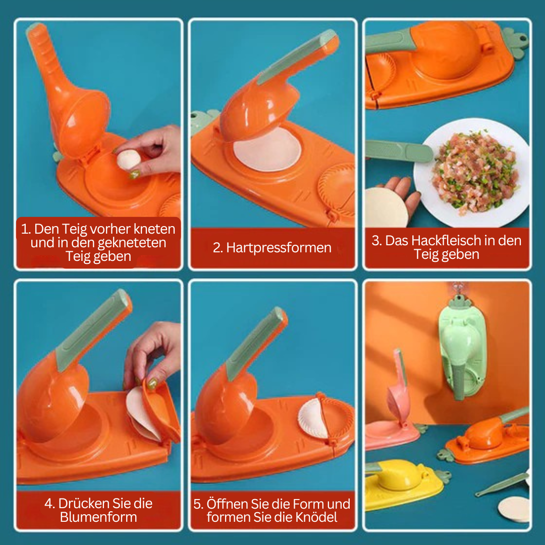 Orange Knödelpresse Set, Kunststoff, Schritt-für-Schritt-Anleitung, Teig- und Fleischfüllung.