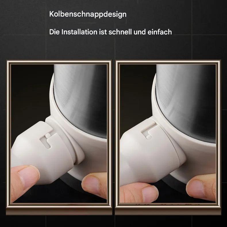 Kolbenschnappdesign, einfache Installation, graues Rohr, weißer Anschluss, Nahaufnahme.